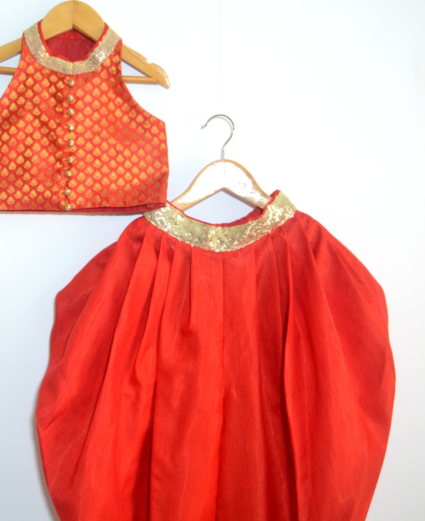 DSC 0055 TBT Chinese Collar Crop Top and Dhoti Set - Red