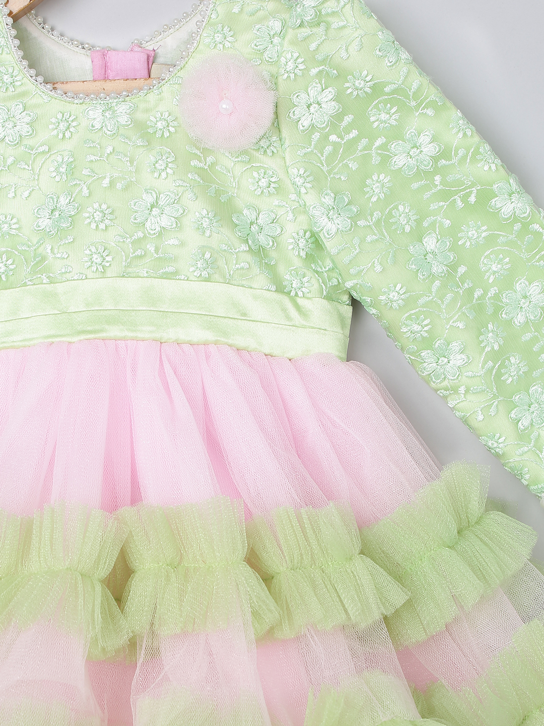 3 TBT Full Sleeves Double Flared Short Dress- Green and Pink