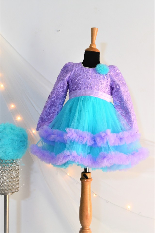 DSC 0086 TBT Full Sleeves Double Flared Short Dress- Turquoise and Purple