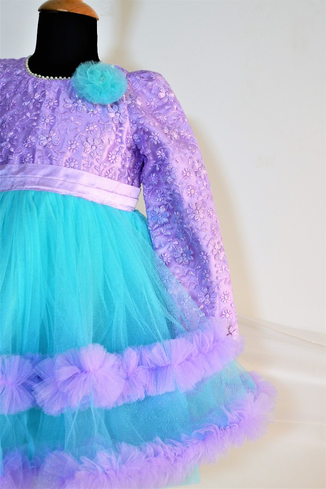 DSC 0088 TBT Full Sleeves Double Flared Short Dress- Turquoise and Purple