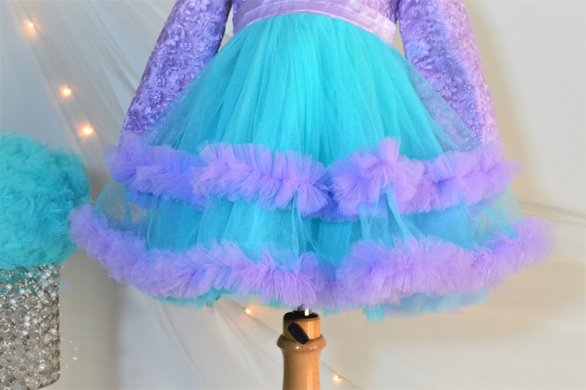 DSC 0089 1 TBT Full Sleeves Double Flared Short Dress- Turquoise and Purple