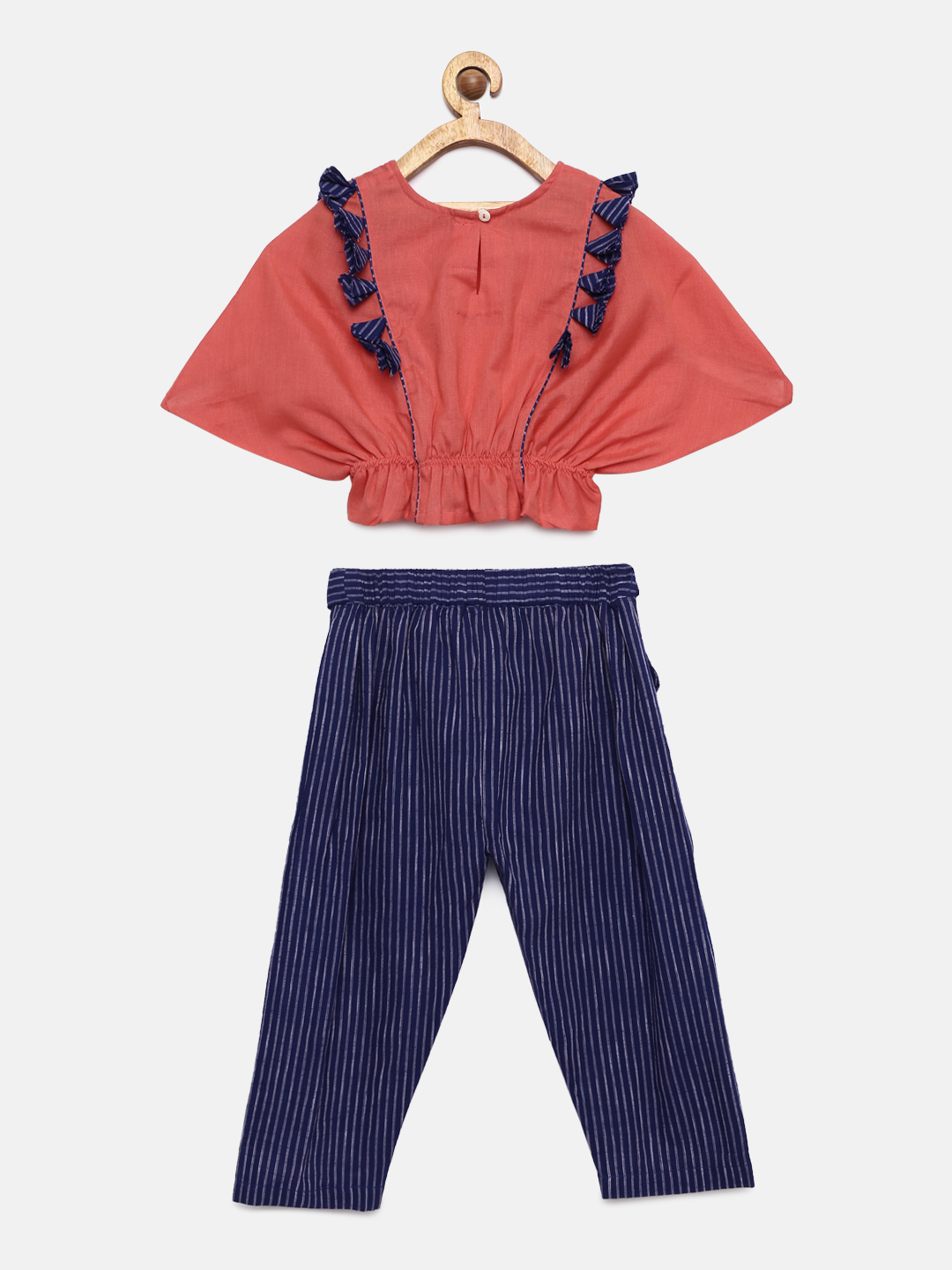 2 1 Baloon Tops with Triangular Sleeves and Stripped Trouser- Coral and Blue