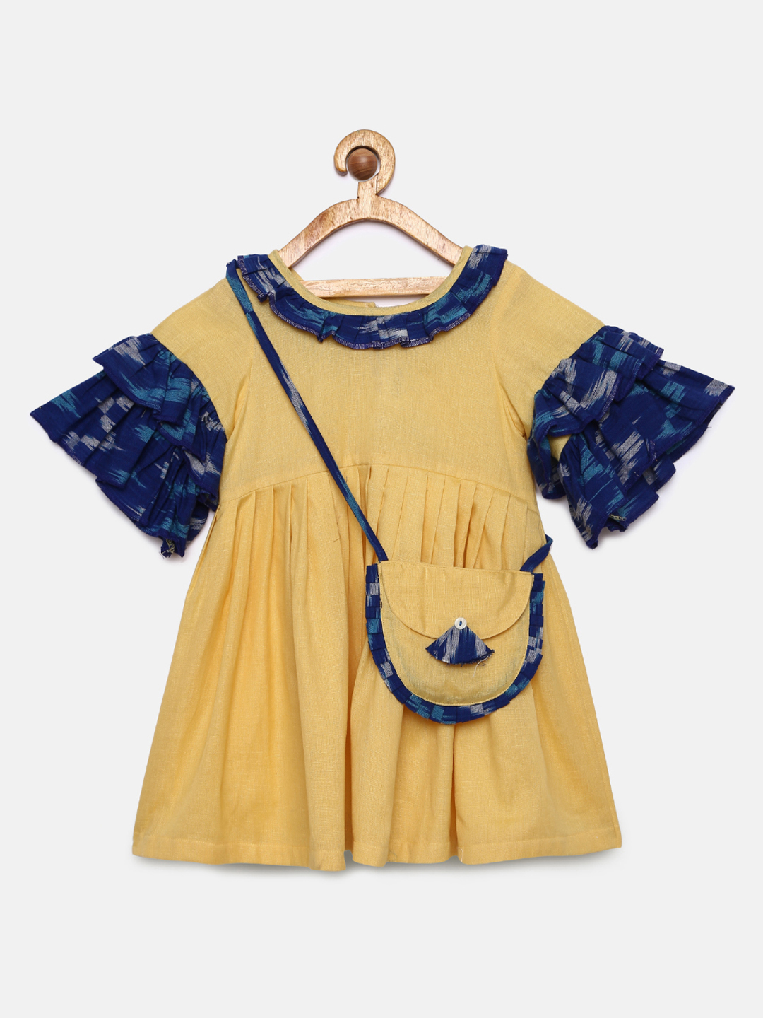 5 2 Ikat Asymmetric Dress with Sling Bag- Yellow and Blue