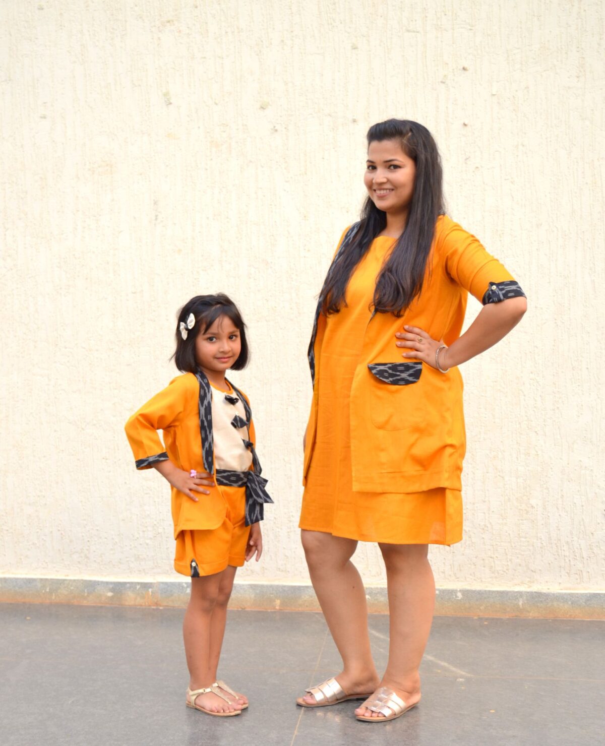 DSC 0282 1 Girl Tassel Top with Ikat Blazer, Shorts & Mom Ikat Blazer with Dress - Mustard and Beige