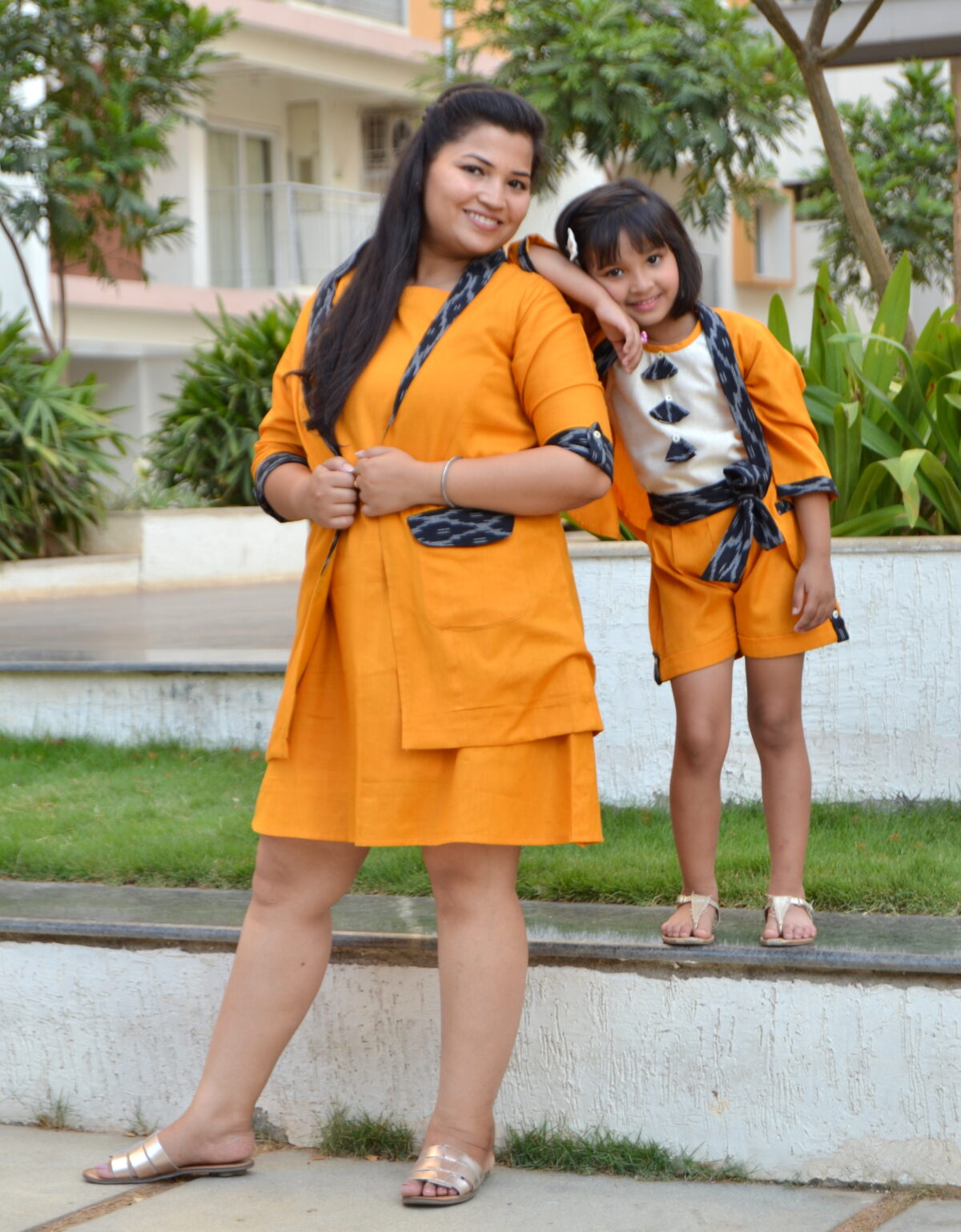 DSC 0299 1 Girl Tassel Top with Ikat Blazer, Shorts & Mom Ikat Blazer with Dress - Mustard and Beige