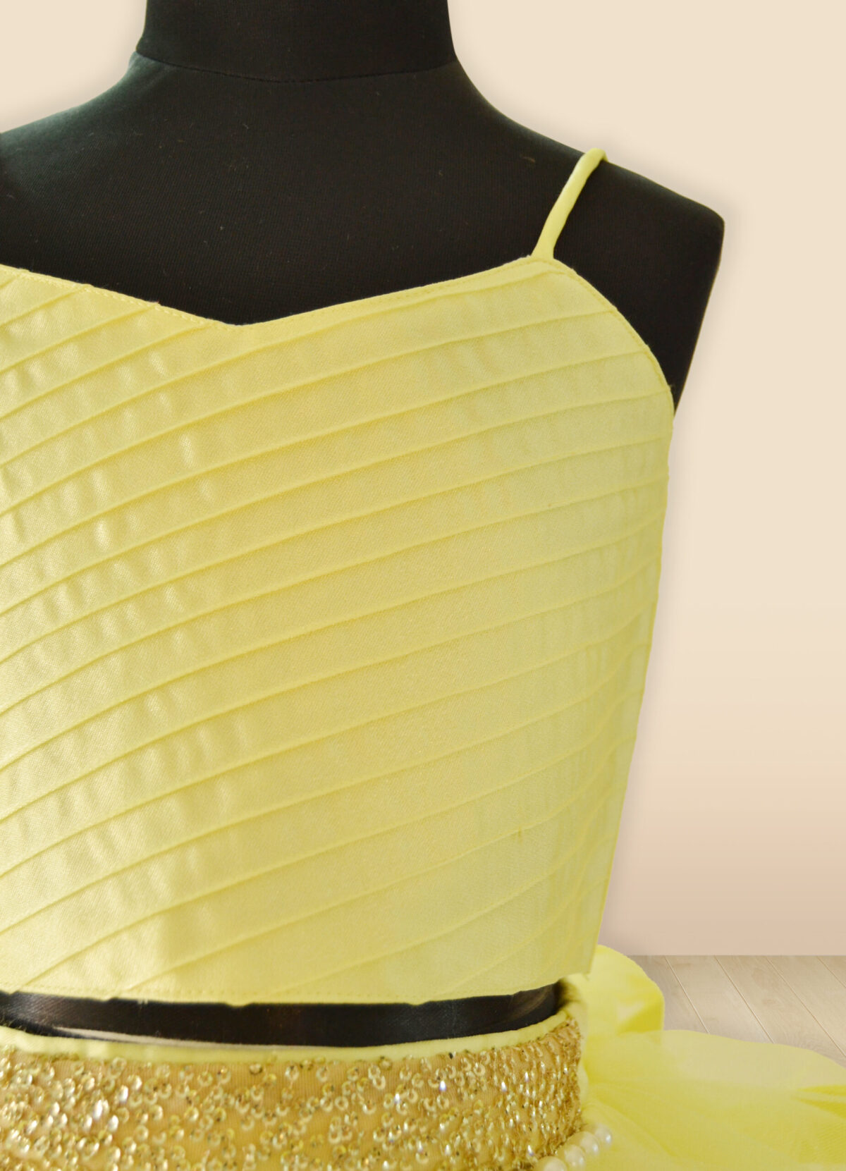 yellow dress closeup 1 scaled Tiered Luxury Lehenga Choli Set with Sequins Jacket