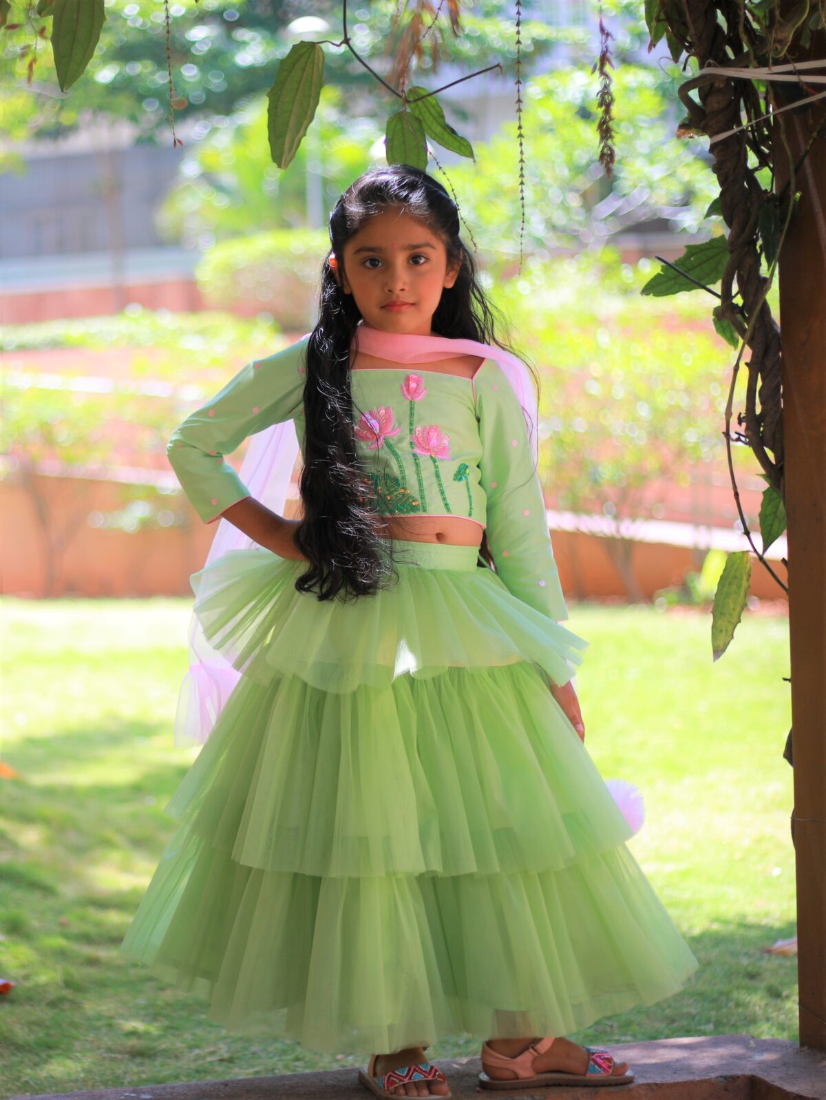 1M7A9403 1 scaled Green Lotus Choli and tiered lehenga with pink dupatta