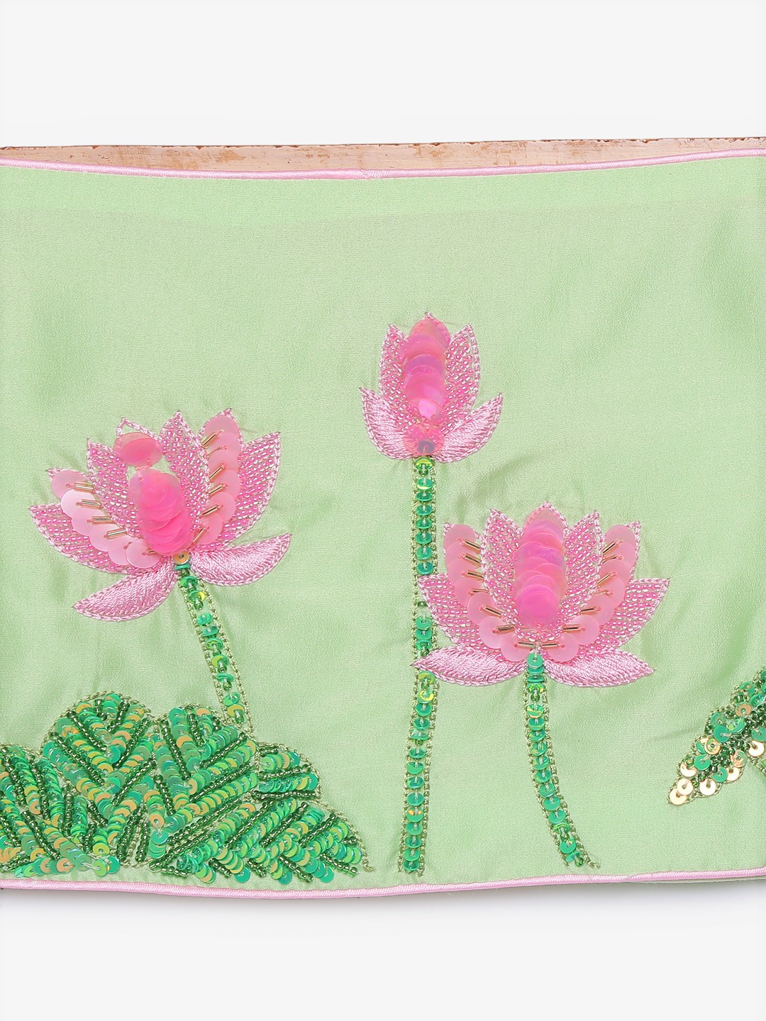 5 1 Green Lotus Choli and tiered lehenga with pink dupatta