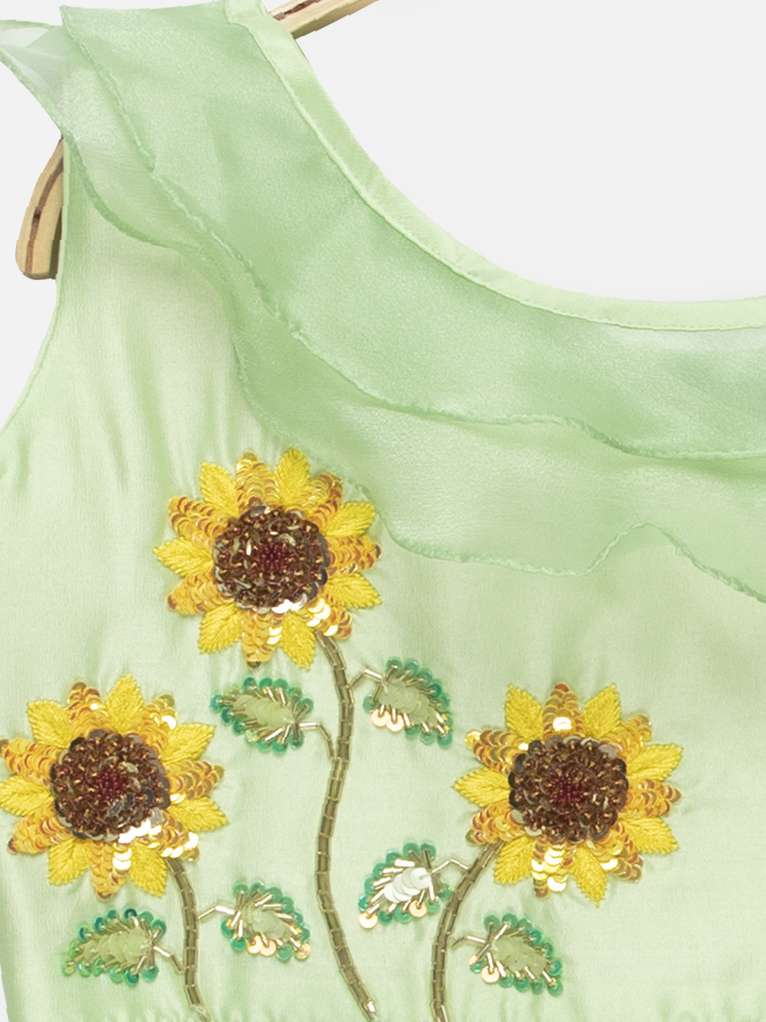 3 1 Sunflower one shouldered Green Top with tiered Lehenga