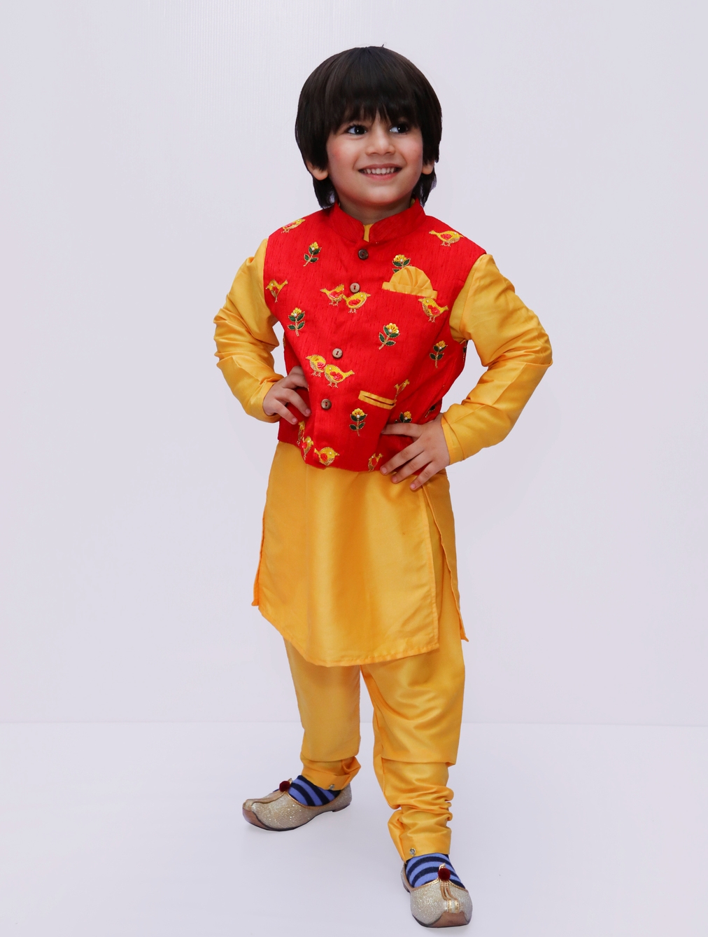 MANI6306 Yellow Kurta Pyjama with Red Embroided Jacket
