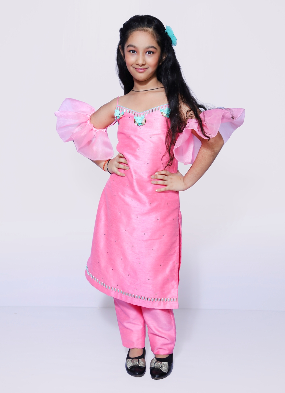 MANI7123 Pink Baloon Sleeves Kurta Pyajama Suit