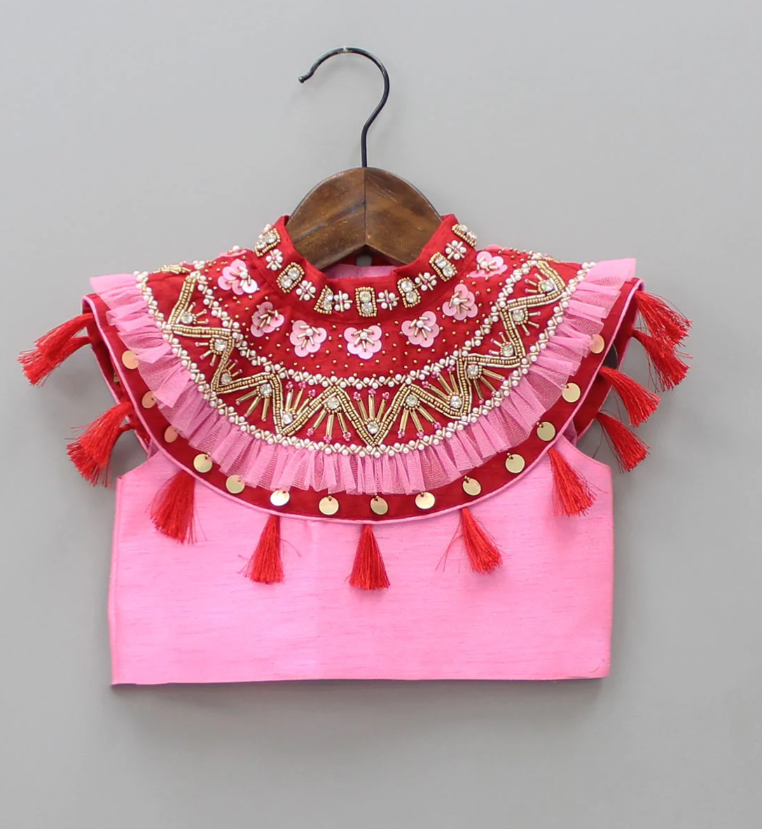 4 10 Red and Pink High Neck Embroided Lehenga