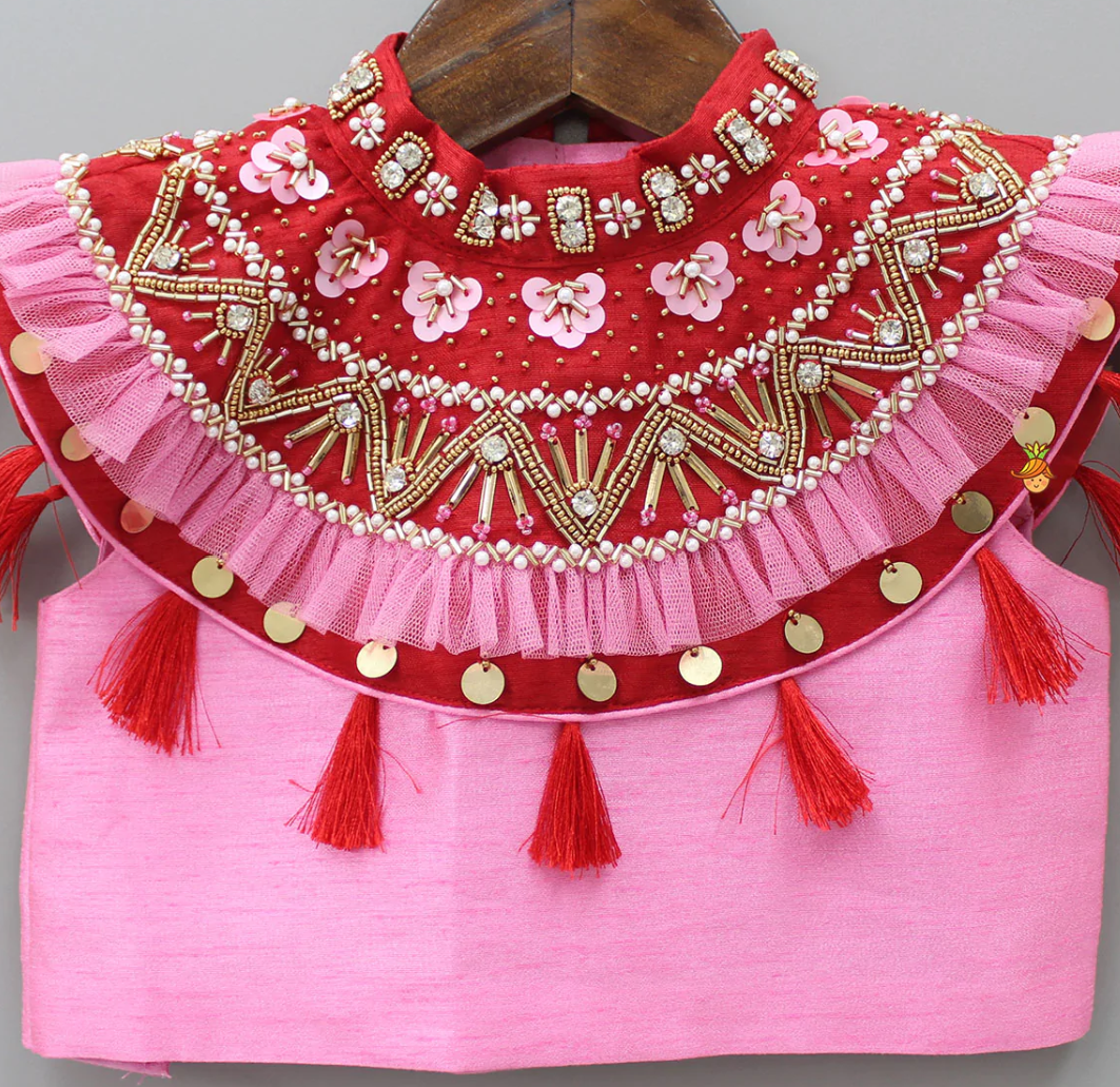 5 Red and Pink High Neck Embroided Lehenga