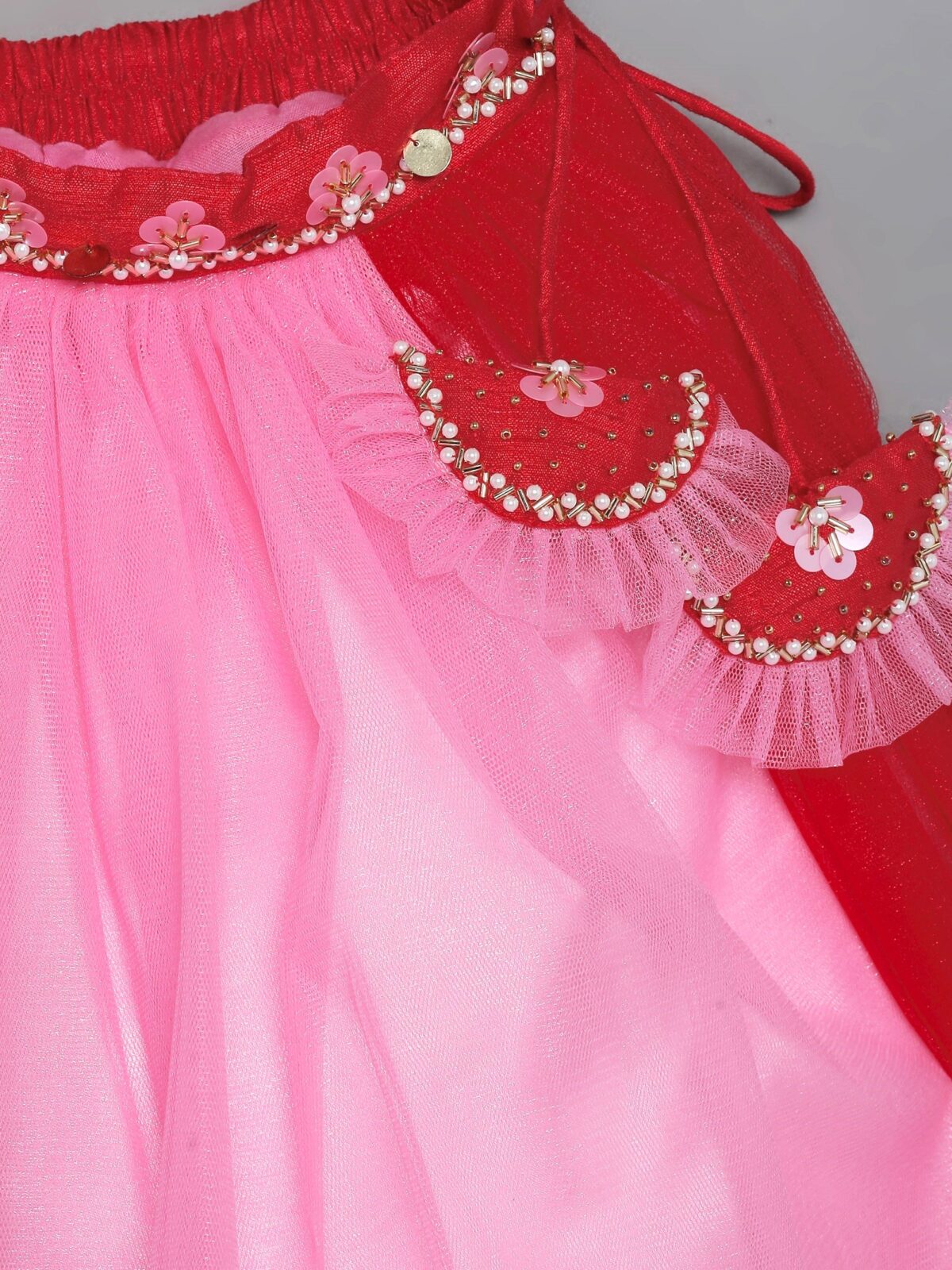 8 11 Red and Pink High Neck Embroided Lehenga