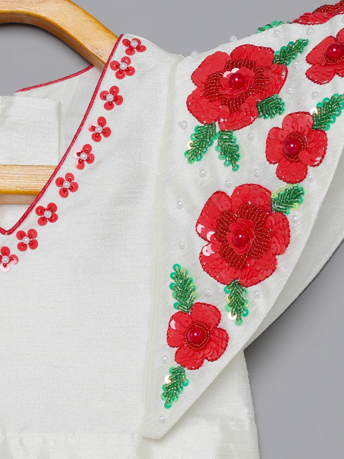 8 13 Red & White Roses Lehenga Choli Set with Belt Bag