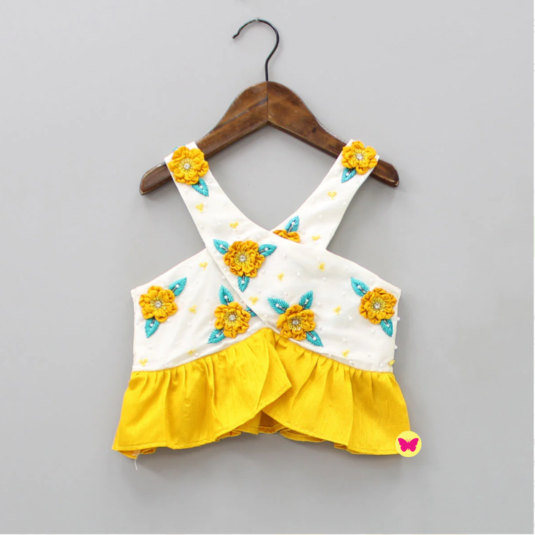 2 1 Criss Cross Style Top With Dhoti- Yellow & White