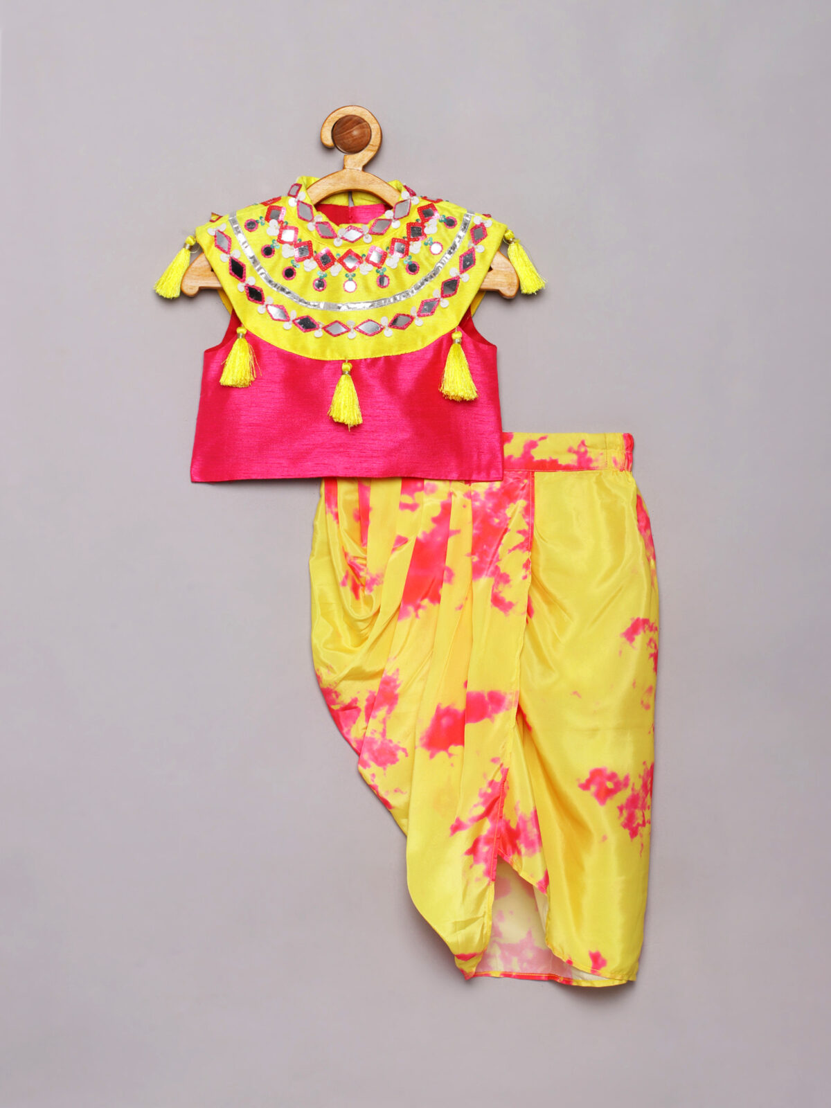 1 5 Yellow top with tassels paired with tie die dhoti pant