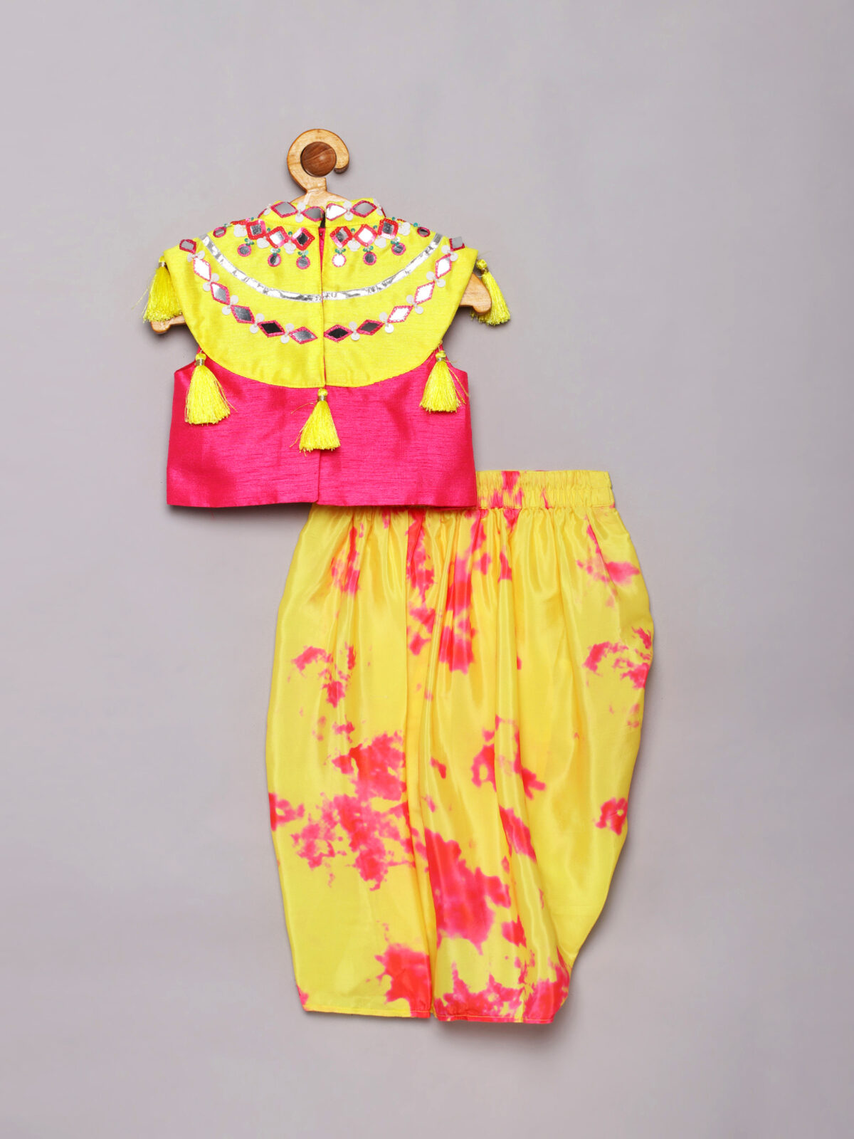 2 9 Yellow top with tassels paired with tie die dhoti pant