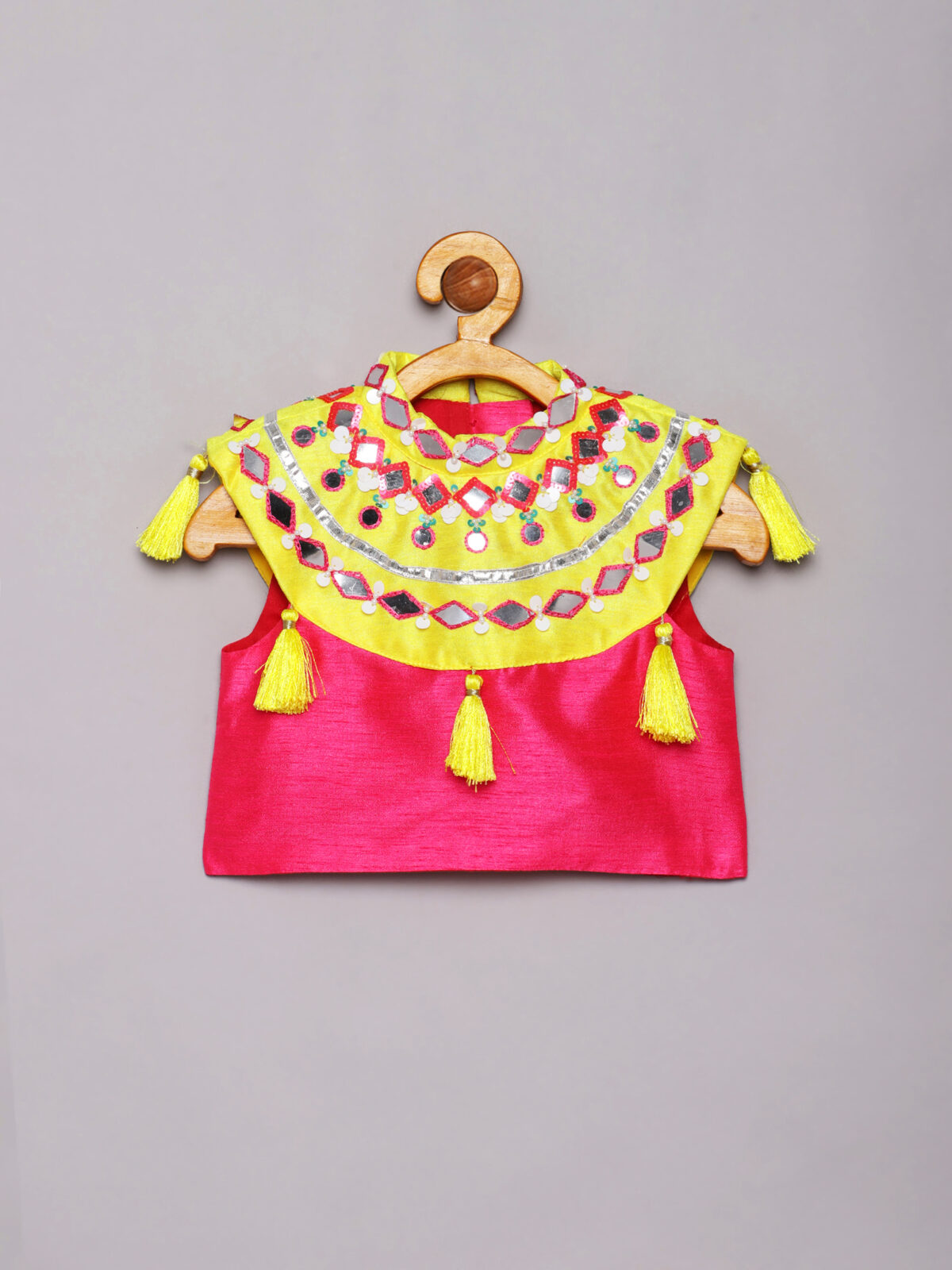 3 9 Yellow top with tassels paired with tie die dhoti pant