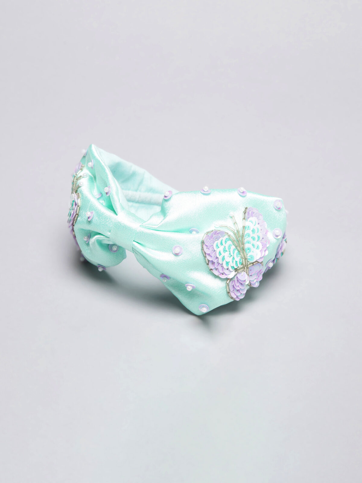 MintPurpleButterflyHB Blue Bead Hand Embroidered Hairband