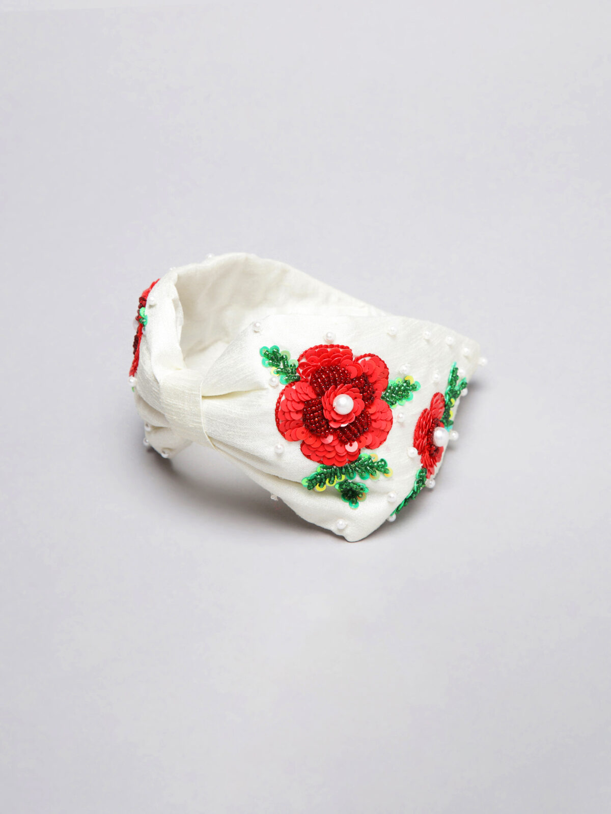 White RedRosesHB White Hand Embroidered Hairband