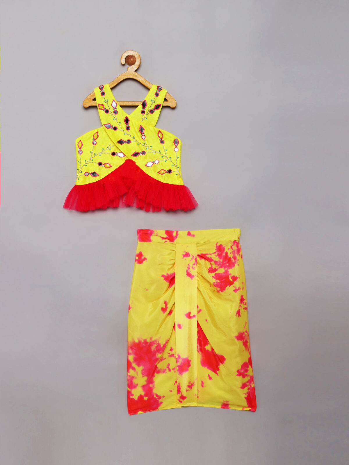 1 Yellow, Pink Tie Dye Criss Cross top and Saree draped skirt