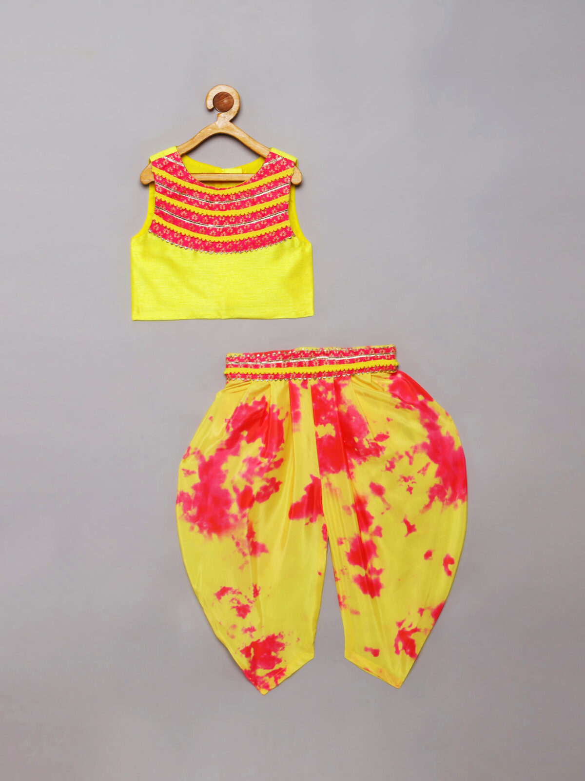 1 3 Yellow/Pink tie dye dhoti set