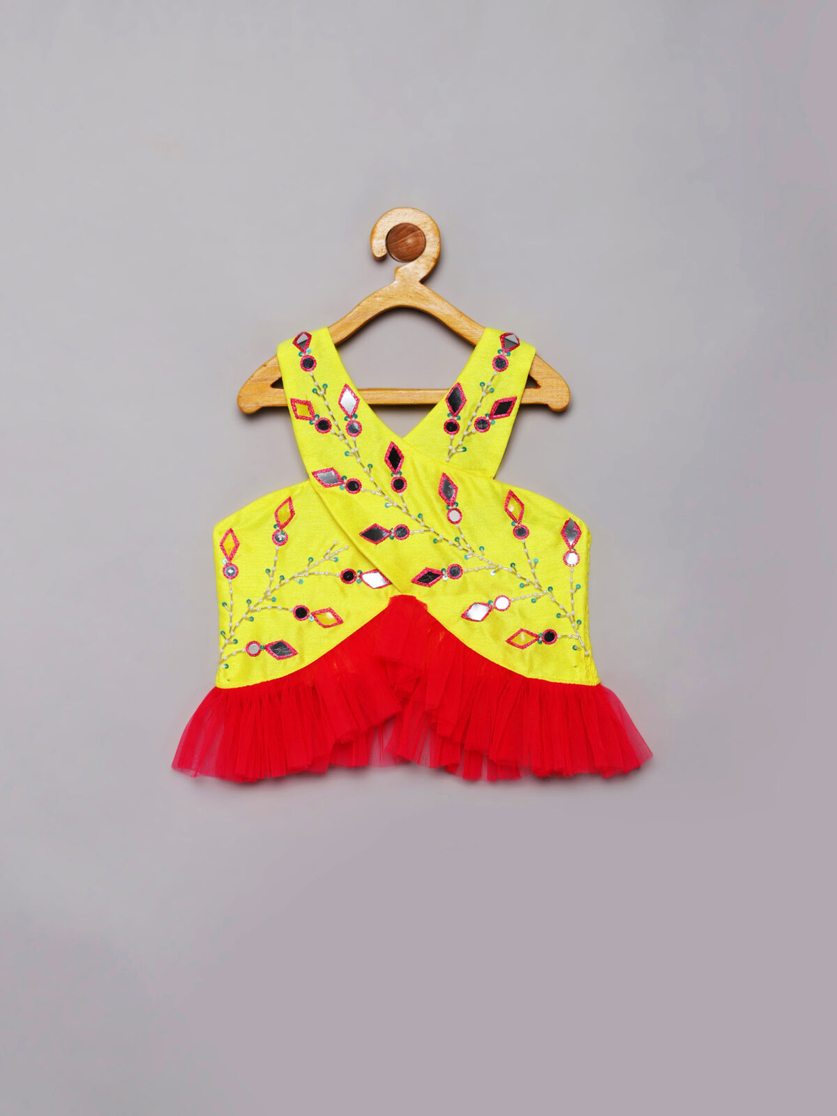 3 Yellow, Pink Tie Dye Criss Cross top and Saree draped skirt