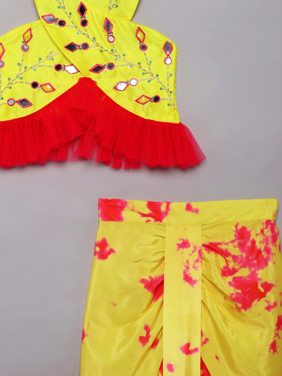 5 Yellow, Pink Tie Dye Criss Cross top and Saree draped skirt